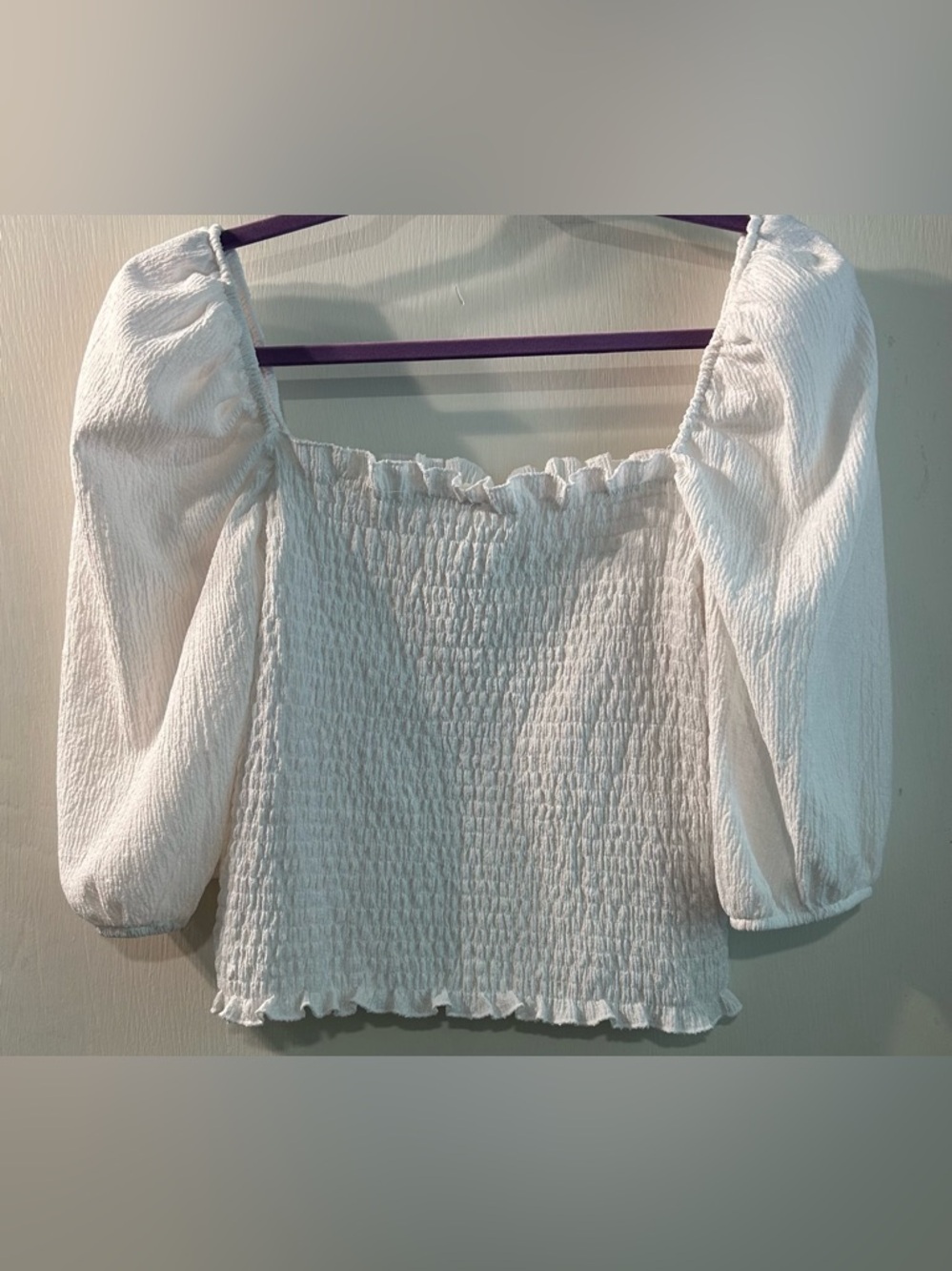 H&M White Smocked Puff Sleeve Square Neck Top